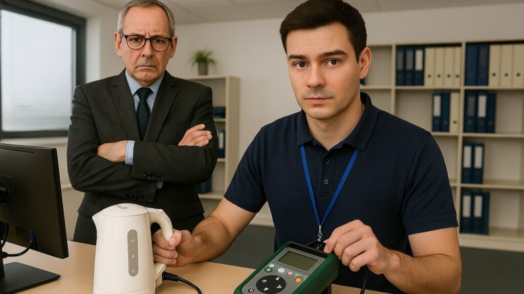 Image shows a young PAT engineer to the right of the image in a navy blue polo shirt, holding a kettle, and an older businessman to the left of the image with crossed arms, looking annoyed.