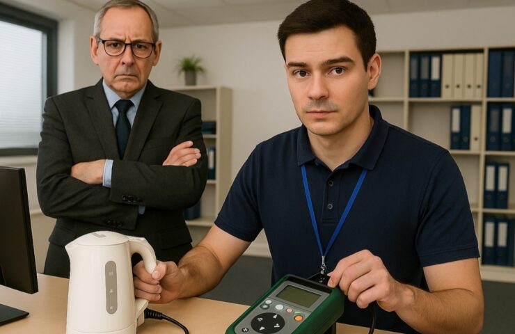 Image shows a young PAT engineer to the right of the image in a navy blue polo shirt, holding a kettle, and an older businessman to the left of the image with crossed arms, looking annoyed.