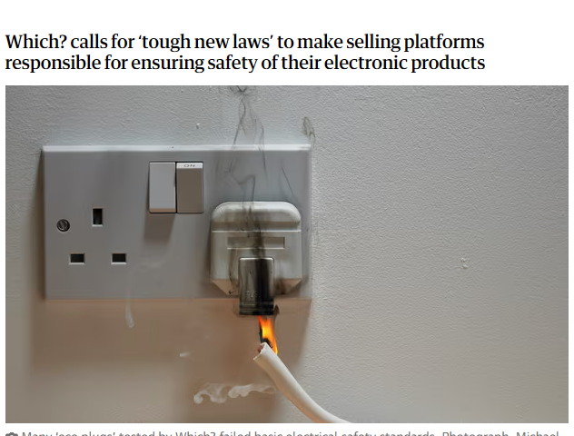 Image shows a headline from the Guardian highlighting the dangers of unsafe plugs in the UK
